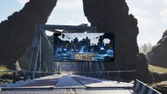 Nuclear Epoch gameplay – Combat contre un boss mutant électrique dans une zone d'instance en ruines, avec éclairs bleus et logo du jeu au centre
