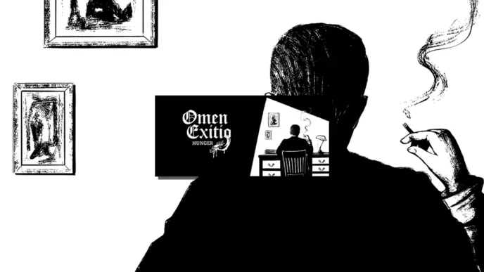 Illustration noir et blanc d'Omen Exitio: Hunger montrant la silhouette d'un journaliste fumant une cigarette, avec le logo du jeu et une scène de bureau en arrière-plan