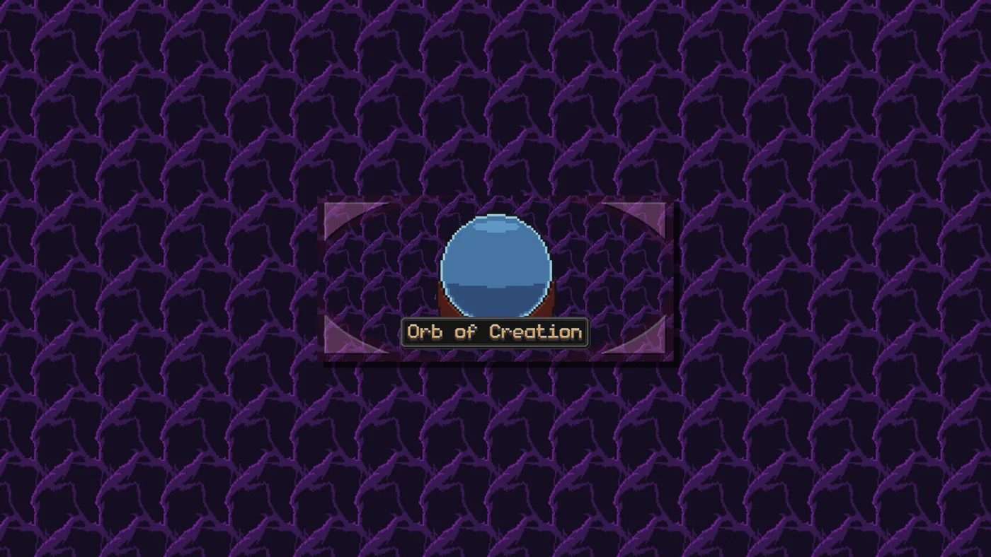 Capture d'écran d'Orb of Creation montrant l'orbe magique bleu posé sur son socle, entouré d'un cadre pixel art violet, avec le titre du jeu affiché en police rétro dorée sur fond sombre.