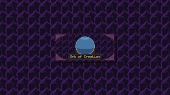 Capture d'écran d'Orb of Creation montrant l'orbe magique bleu posé sur son socle, entouré d'un cadre pixel art violet, avec le titre du jeu affiché en police rétro dorée sur fond sombre.