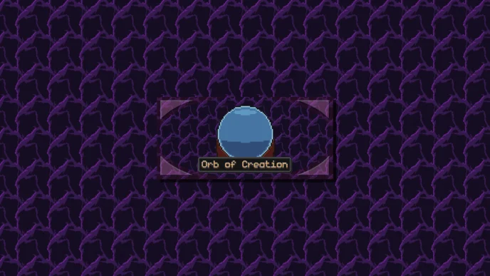Capture d'écran d'Orb of Creation montrant l'orbe magique bleu posé sur son socle, entouré d'un cadre pixel art violet, avec le titre du jeu affiché en police rétro dorée sur fond sombre.