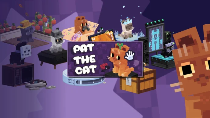 Pat the Cat jeu desktop buddy PC sur Steam – chats voxel personnalisés avec chapeaux, meubles cosy et skins variés sur fond violet, style pixel art 3D