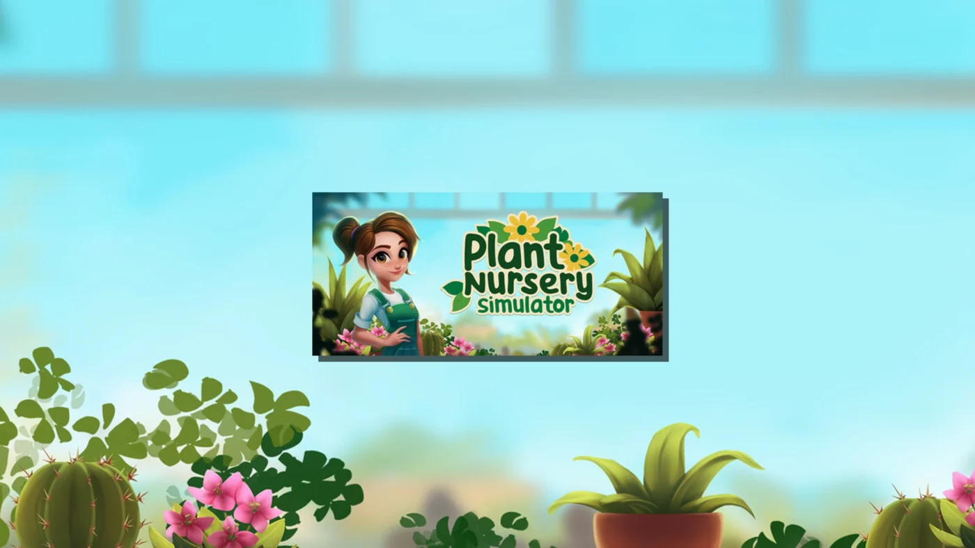 Pochette officielle de Plant Nursery Simulator sur Steam, avec une jardinière souriante entourée de plantes, cactus et fleurs roses dans une serre lumineuse