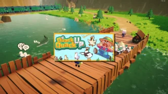 Scène de Quack Quack Up montrant un pont en bois, un troupeau de canards contrôlé par la voix et un environnement lacustre avec obstacles