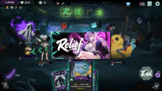 Capture d'écran du jeu Relief montrant un combat roguelike deckbuilder avec la compagne CuiBeibei, des cartes de statut Ghost Slot et des ennemis variés dans un décor urbain fantastique inspiré de la mythologie chinoise.