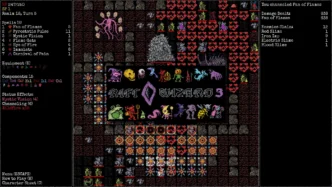 Capture d'écran de Rift Wizard 3 montrant le gameplay sur grille tactique au Realm 18 : liste de sorts Feu (Fan of Flames, Flame Gate, Eye of Fire), 15 composants de craft, effets de statut actifs (Wildfire x15, Channeling) et le panneau de dégâts affichant 638 points infligés contre des ennemis variés.