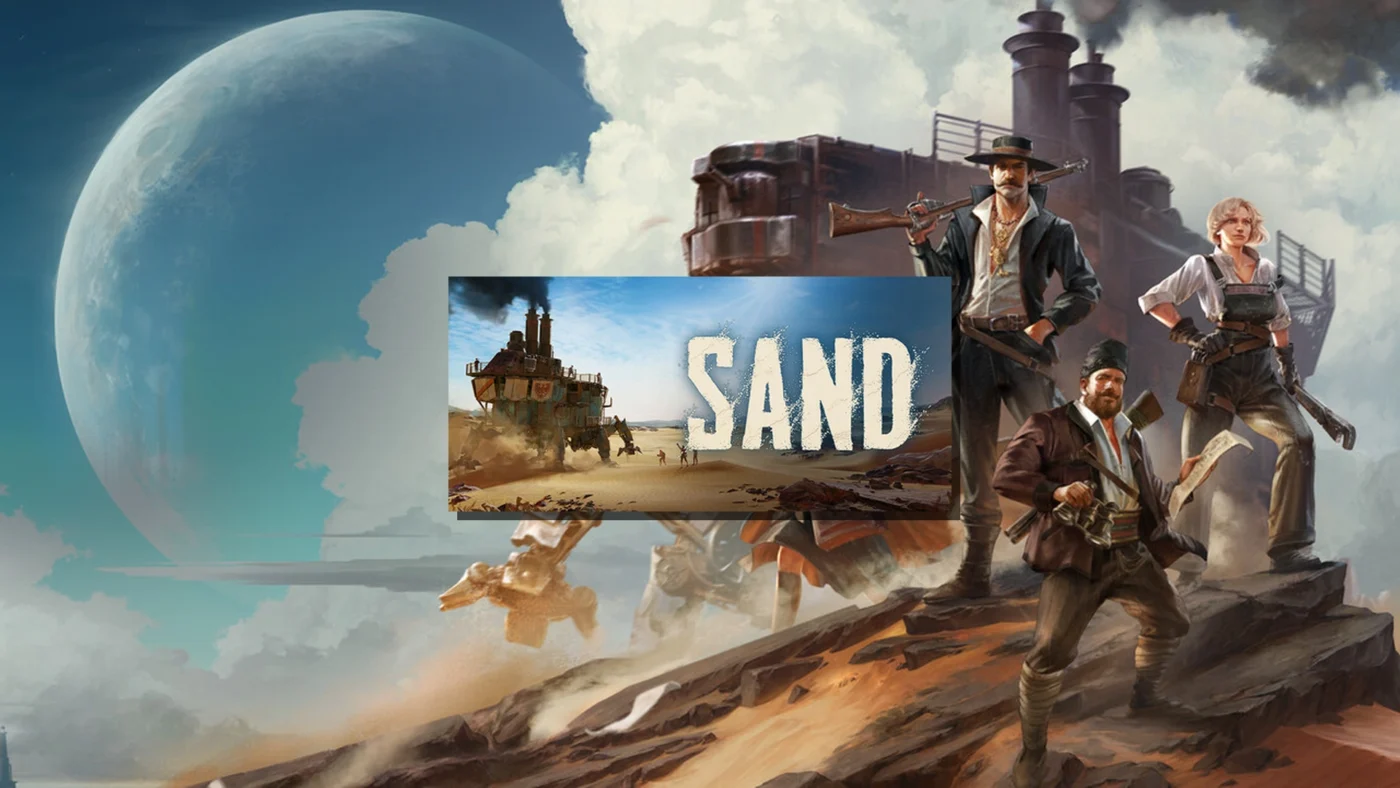 Key art officiel de SAND Raiders of Sophie montrant trois raiders galiciens armés au premier plan, un Trampler marchant dans le désert en arrière-plan, avec la planète Sophie et ses deux lunes visibles dans le ciel dieselpunk