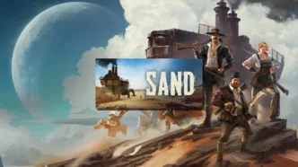 Key art officiel de SAND Raiders of Sophie montrant trois raiders galiciens armés au premier plan, un Trampler marchant dans le désert en arrière-plan, avec la planète Sophie et ses deux lunes visibles dans le ciel dieselpunk