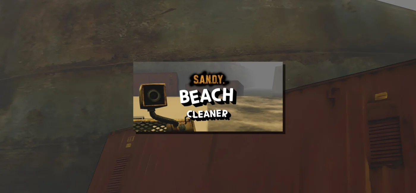 Logo officiel de SANDY Beach Cleaner affiché sur l'écran du robot nettoyeur, devant une plage post-apocalyptique déserte