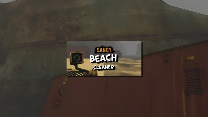 Logo officiel de SANDY Beach Cleaner affiché sur l'écran du robot nettoyeur, devant une plage post-apocalyptique déserte