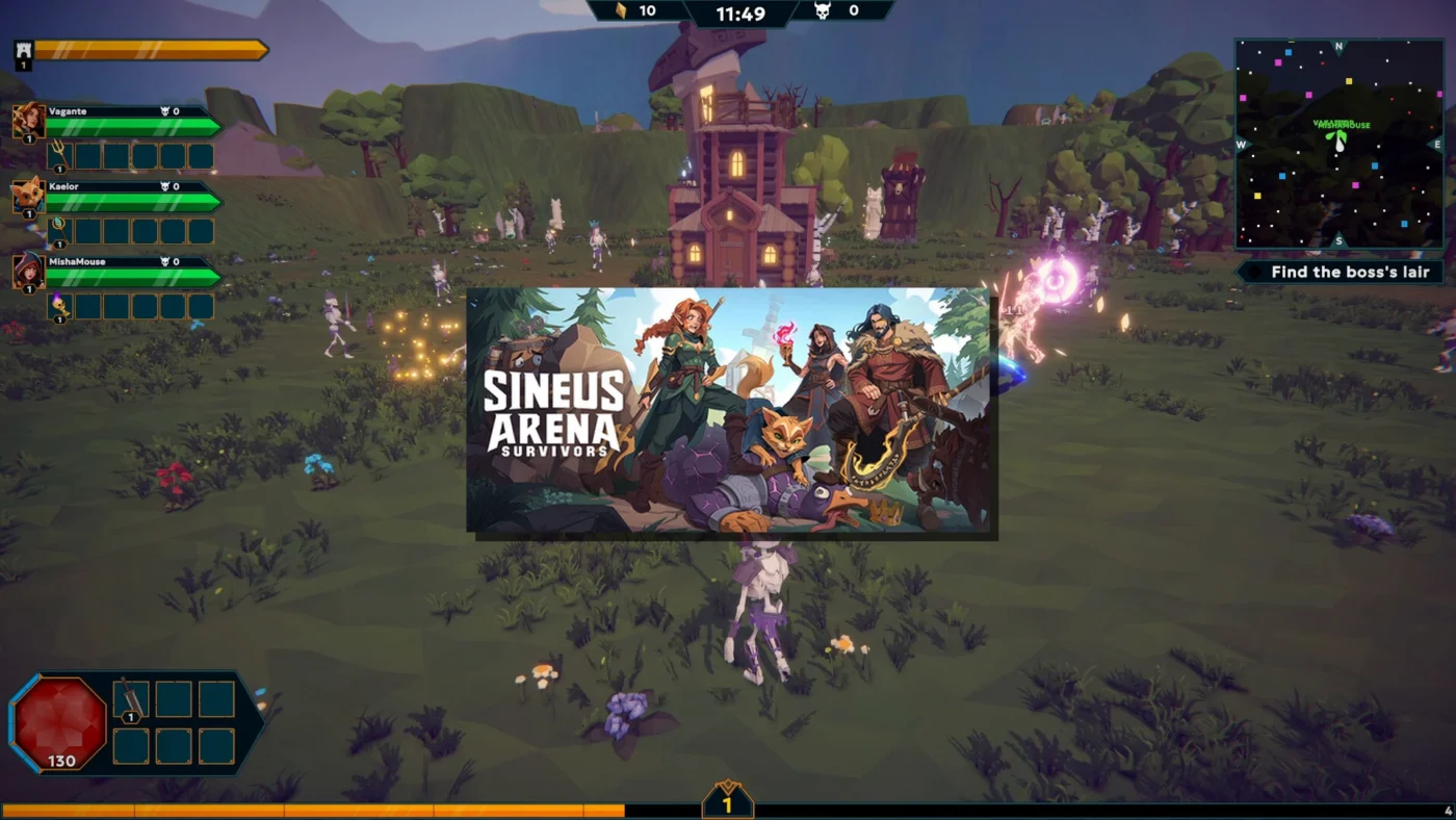 Sineus Arena Survivors gameplay en coopératif — trois joueurs affrontent des vagues d'ennemis autour du Beacon dans un environnement 3D vert et forestier, avec l'écran titre du jeu au centre.