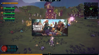Sineus Arena Survivors gameplay en coopératif — trois joueurs affrontent des vagues d'ennemis autour du Beacon dans un environnement 3D vert et forestier, avec l'écran titre du jeu au centre.