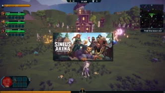 Sineus Arena Survivors gameplay en coopératif — trois joueurs affrontent des vagues d'ennemis autour du Beacon dans un environnement 3D vert et forestier, avec l'écran titre du jeu au centre.