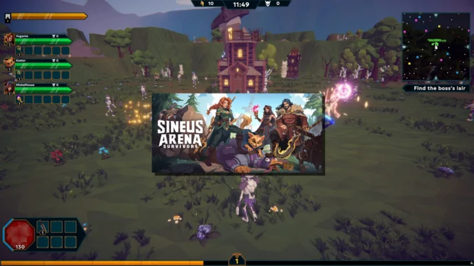 Sineus Arena Survivors gameplay en coopératif — trois joueurs affrontent des vagues d'ennemis autour du Beacon dans un environnement 3D vert et forestier, avec l'écran titre du jeu au centre.