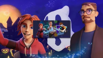 Sixth Force – les deux personnages jouables du jeu co-op Steam : Thomas, jeune fille aux cheveux roux, et Michael, père à lunettes, encadrant le logo du jeu en néon avec leur compagnon IA.