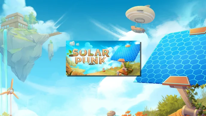 Solarpunk™ – Logo officiel du jeu de survie cozy avec des îles flottantes, un dirigeable, des panneaux solaires et des éoliennes dans un ciel lumineux