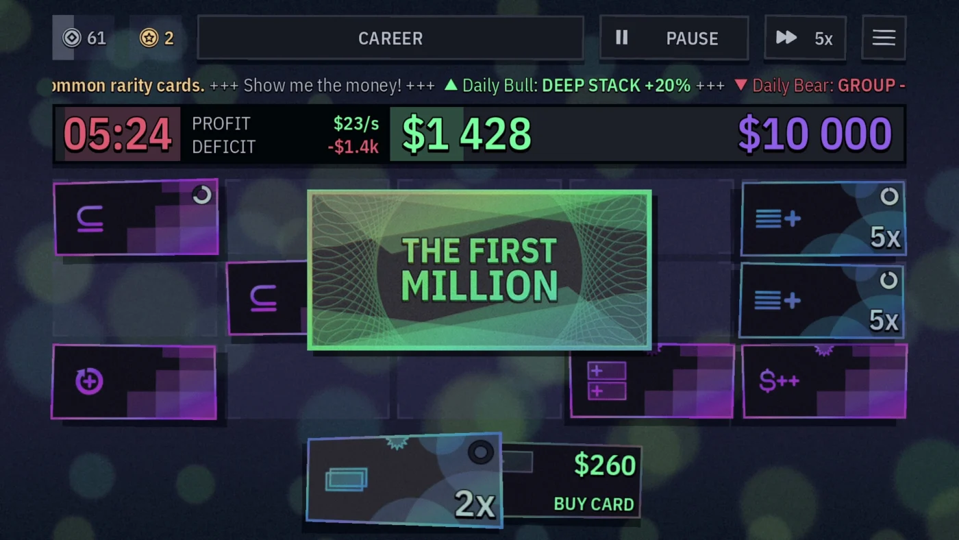 Capture d'écran de The First Million montrant l'interface de gameplay en mode Career avec le deck de cartes violettes, un profit de 23 $ par seconde, un solde de 1 428 $ et un objectif à 10 000 $