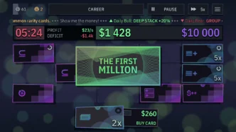 Capture d'écran de The First Million montrant l'interface de gameplay en mode Career avec le deck de cartes violettes, un profit de 23 $ par seconde, un solde de 1 428 $ et un objectif à 10 000 $