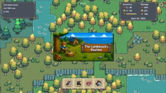 Capture d'écran de The Lumberjack's Routine montrant la carte en pixel art vue du dessus, avec un bûcheron coupant un arbre dans une forêt médiévale, l'interface d'inventaire et l'objectif de dette affiché.