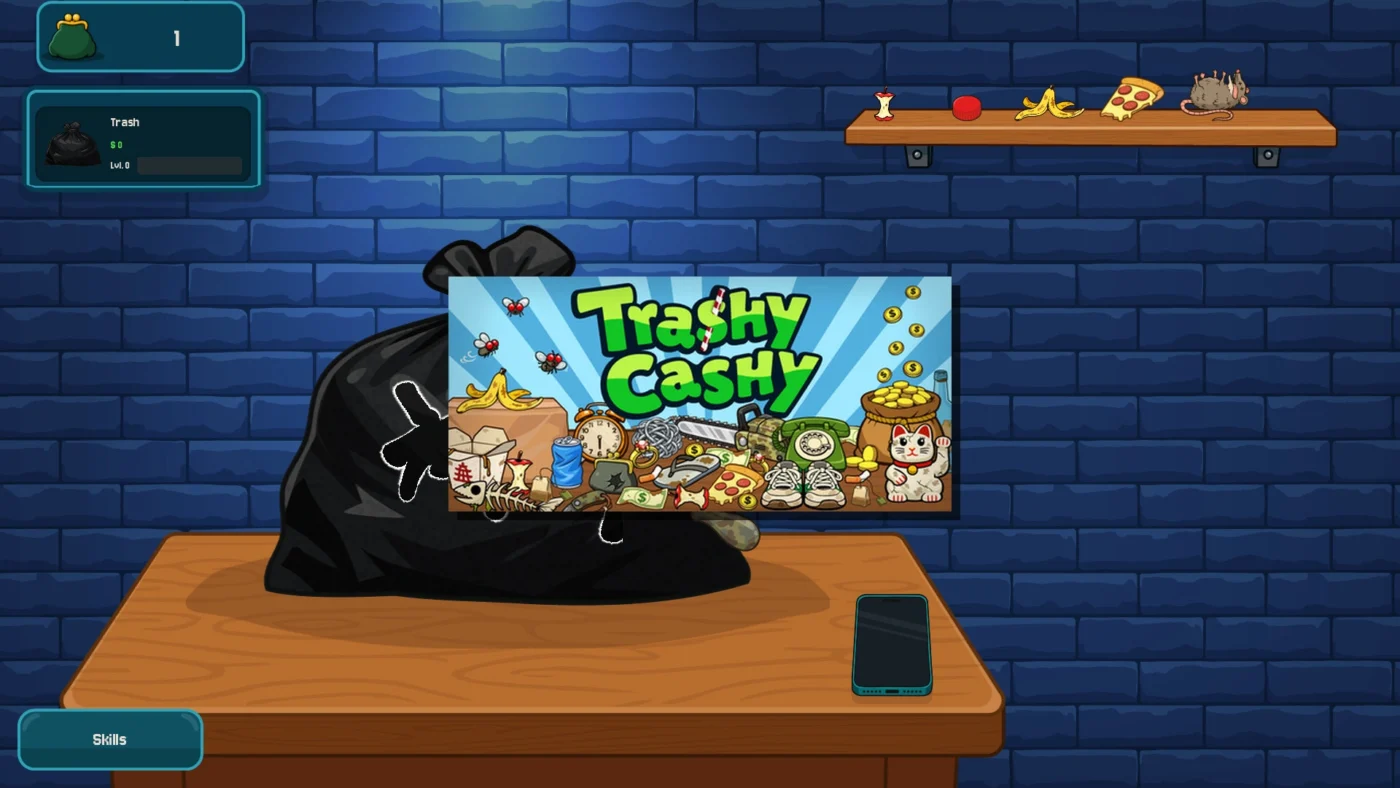 Capture d'écran de Trashy Cashy montrant un sac-poubelle noir posé sur un bureau en bois, avec l'interface du jeu incrémental affichant le niveau de déchet et l'argent disponible, ainsi que le logo coloré du jeu au centre de l'écran.
