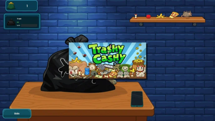 Capture d'écran de Trashy Cashy montrant un sac-poubelle noir posé sur un bureau en bois, avec l'interface du jeu incrémental affichant le niveau de déchet et l'argent disponible, ainsi que le logo coloré du jeu au centre de l'écran.