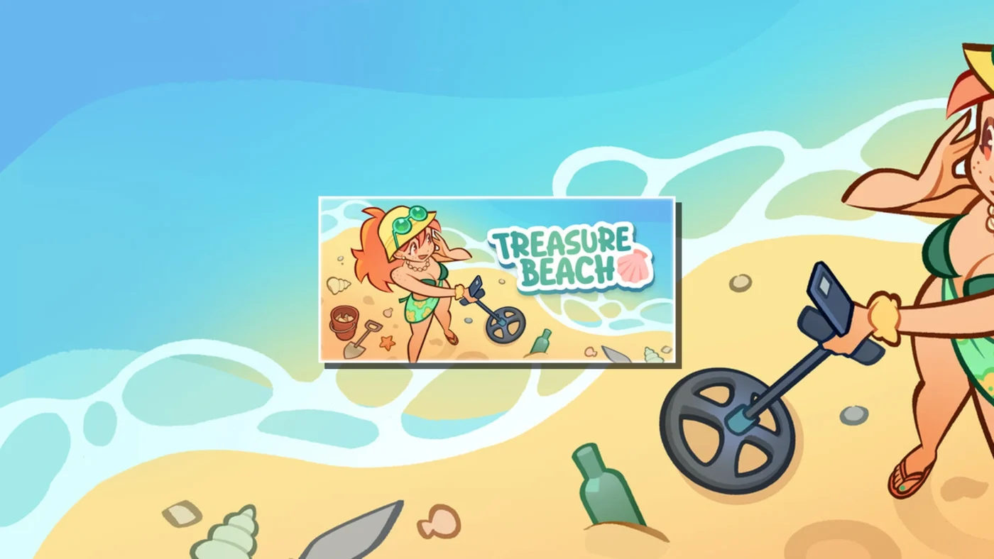 Treasure Beach, cozy game de simulation sur Steam — personnage cartoon avec un détecteur de métaux sur une plage ensoleillée parsemée de coquillages et de déchets à collecter