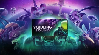 Illustration de Voidling Bound avec un astronaute et plusieurs créatures extraterrestres dans un univers science-fiction coloré