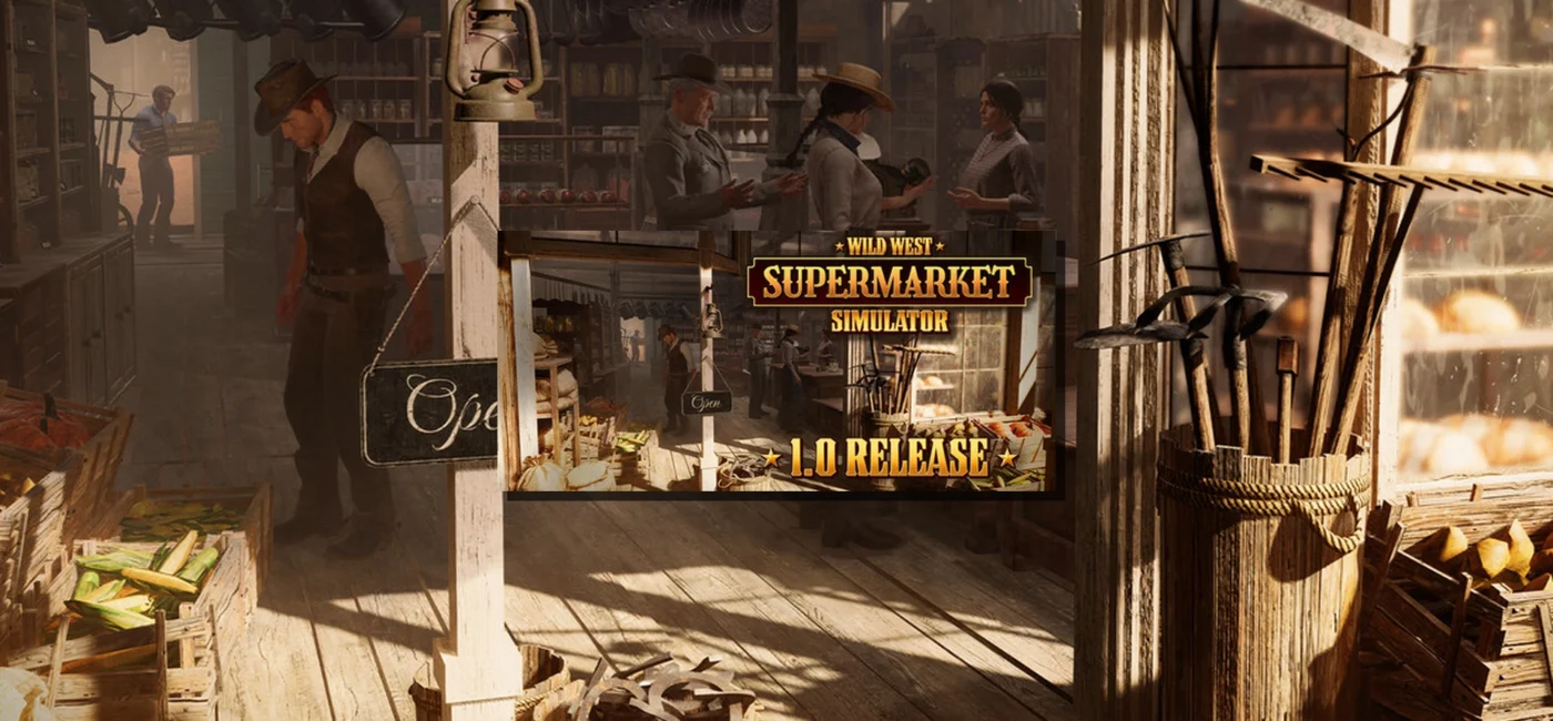 Intérieur d’un magasin général du Far West dans Wild West Supermarket Simulator, avec clients, rayons, outils et ambiance western réaliste.