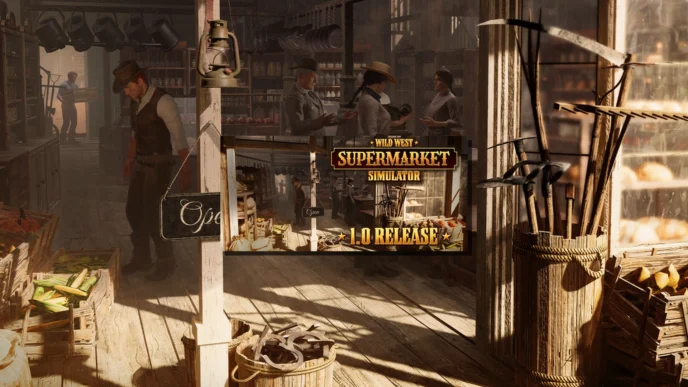 Intérieur d’un magasin général du Far West dans Wild West Supermarket Simulator, avec clients, rayons, outils et ambiance western réaliste.