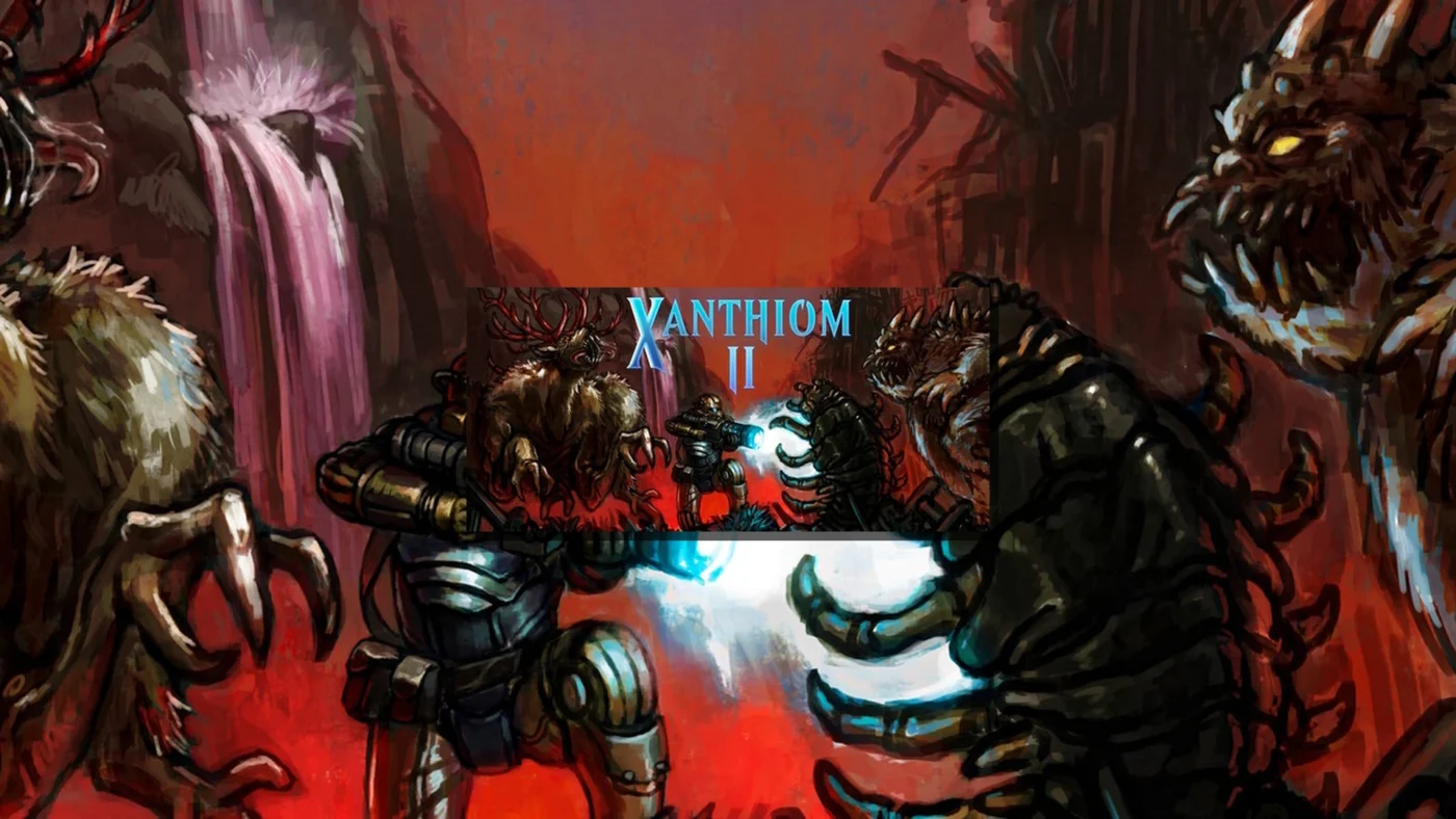 Illustration de Xanthiom 2 montrant le capitaine Grisham affrontant des créatures monstrueuses dans un univers post-apocalyptique de metroidvania.