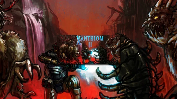 Illustration de Xanthiom 2 montrant le capitaine Grisham affrontant des créatures monstrueuses dans un univers post-apocalyptique de metroidvania.