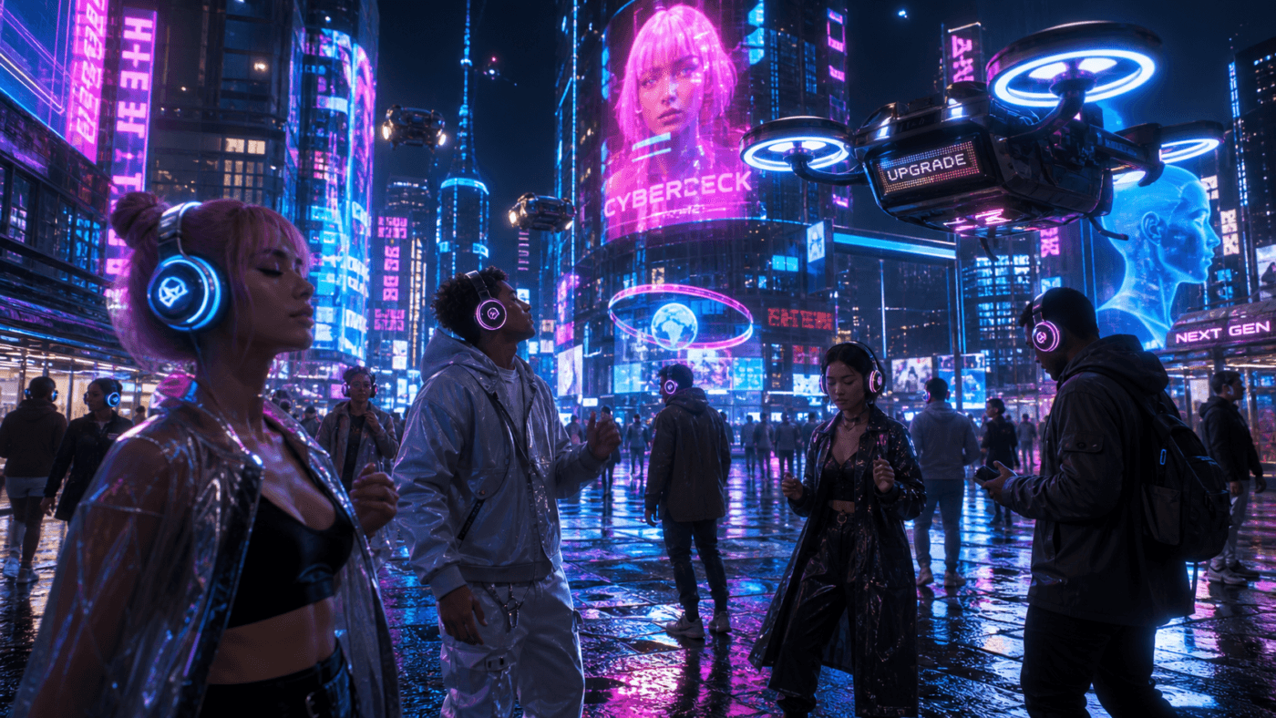 Personnes portant des casques audio connectés dans une ville cyberpunk illuminée de néons, illustrant le concept de botting musical et d'automatisation du streaming avec Botify