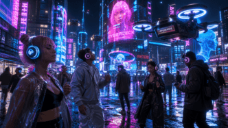Personnes portant des casques audio connectés dans une ville cyberpunk illuminée de néons, illustrant le concept de botting musical et d'automatisation du streaming avec Botify
