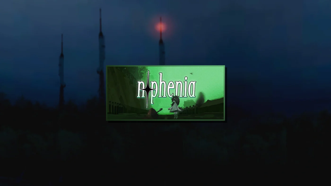 Bannière officielle du jeu nophenia sur Steam, montrant la wolfgirl dans un environnement brutaliste onirique aux tons verts, avec le logo du jeu au centre