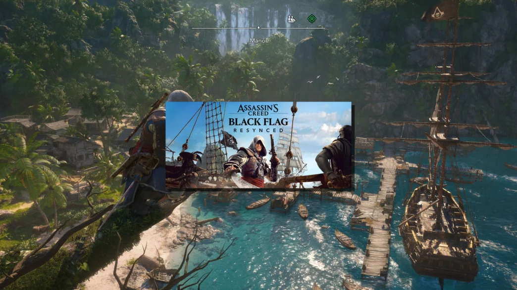 Edward Kenway et son équipage face à une baie tropicale dans Assassin's Creed Black Flag Resynced