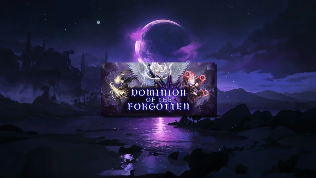 Artwork officiel de Dominion Of The Forgotten montrant trois héros aux pouvoirs mystiques devant une lune violette et un paysage nocturne d'Etherion