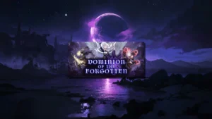 Artwork officiel de Dominion Of The Forgotten montrant trois héros aux pouvoirs mystiques devant une lune violette et un paysage nocturne d'Etherion