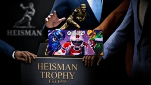 Jaquette EA Sports College Football 27 avec joueurs Ole Miss, Miami et trophée Heisman