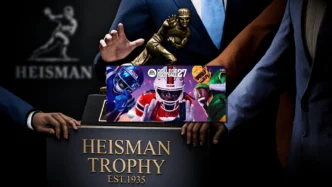 Jaquette EA Sports College Football 27 avec joueurs Ole Miss, Miami et trophée Heisman