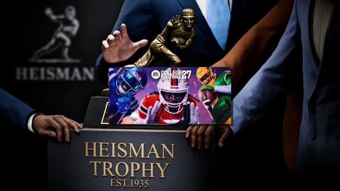 Jaquette EA Sports College Football 27 avec joueurs Ole Miss, Miami et trophée Heisman