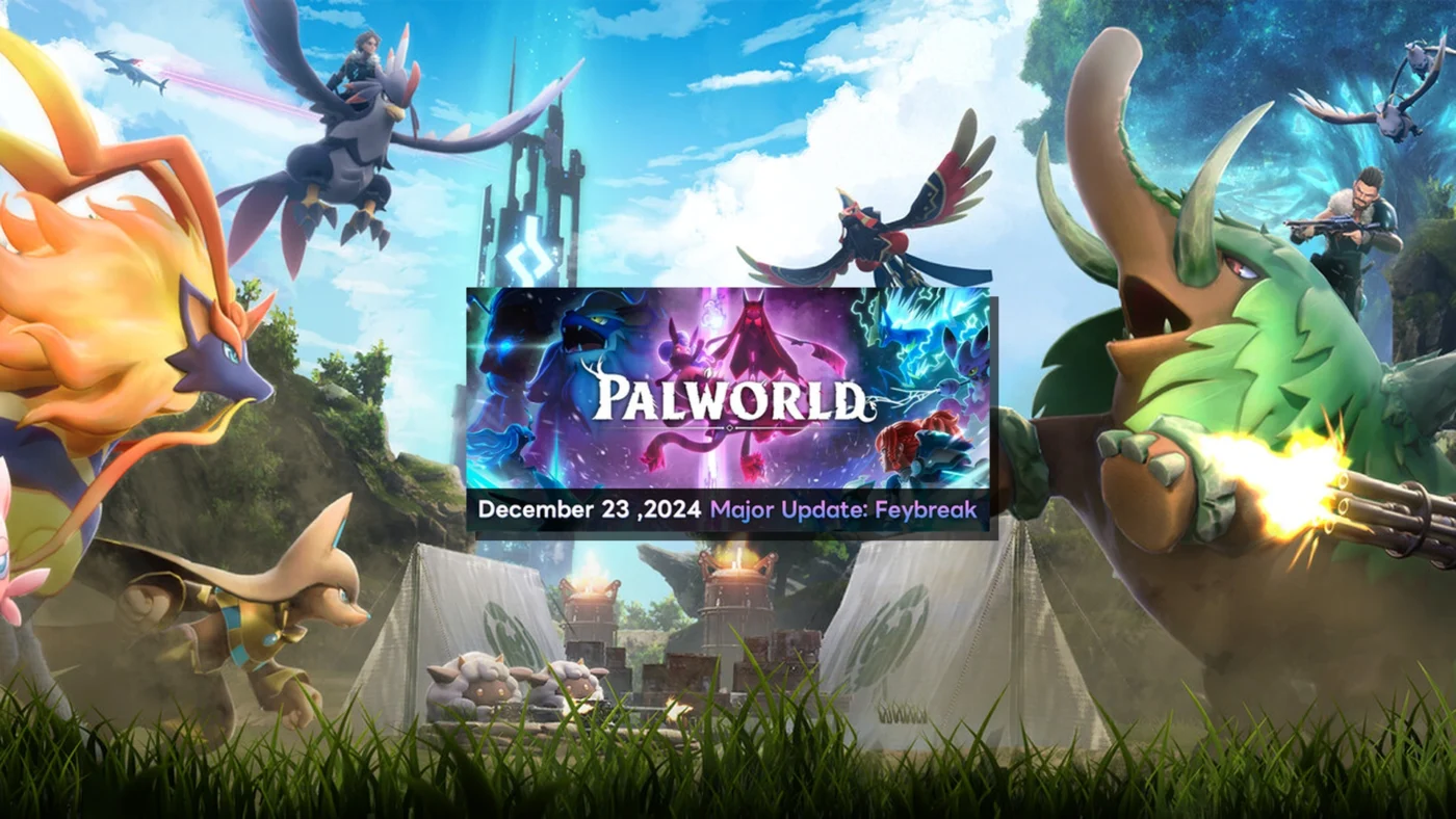Illustration Palworld avec logo du jeu, Pals fantastiques et joueur armé annonçant la mise à jour Feybreak