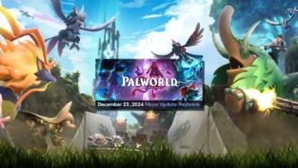 Illustration Palworld avec logo du jeu, Pals fantastiques et joueur armé annonçant la mise à jour Feybreak