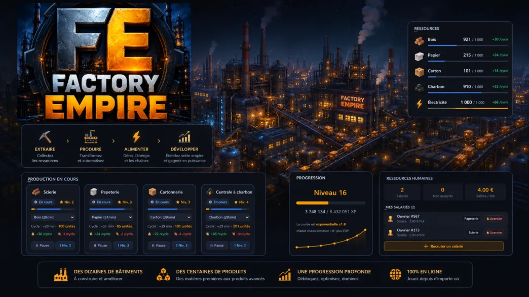 Interface de gestion des usines et ressources sur Factory Empire