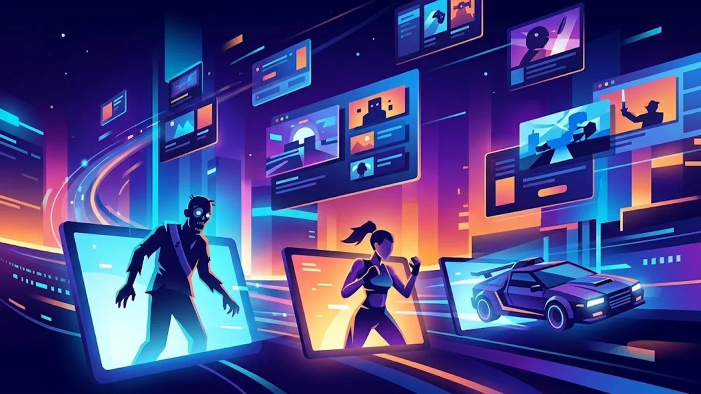Illustration représentant 32 jeux Steam sortant le 19 novembre 2026, jour du lancement de GTA 6 sur consoles, avec des silhouettes de personnages de jeux variés dans un décor numérique néon.