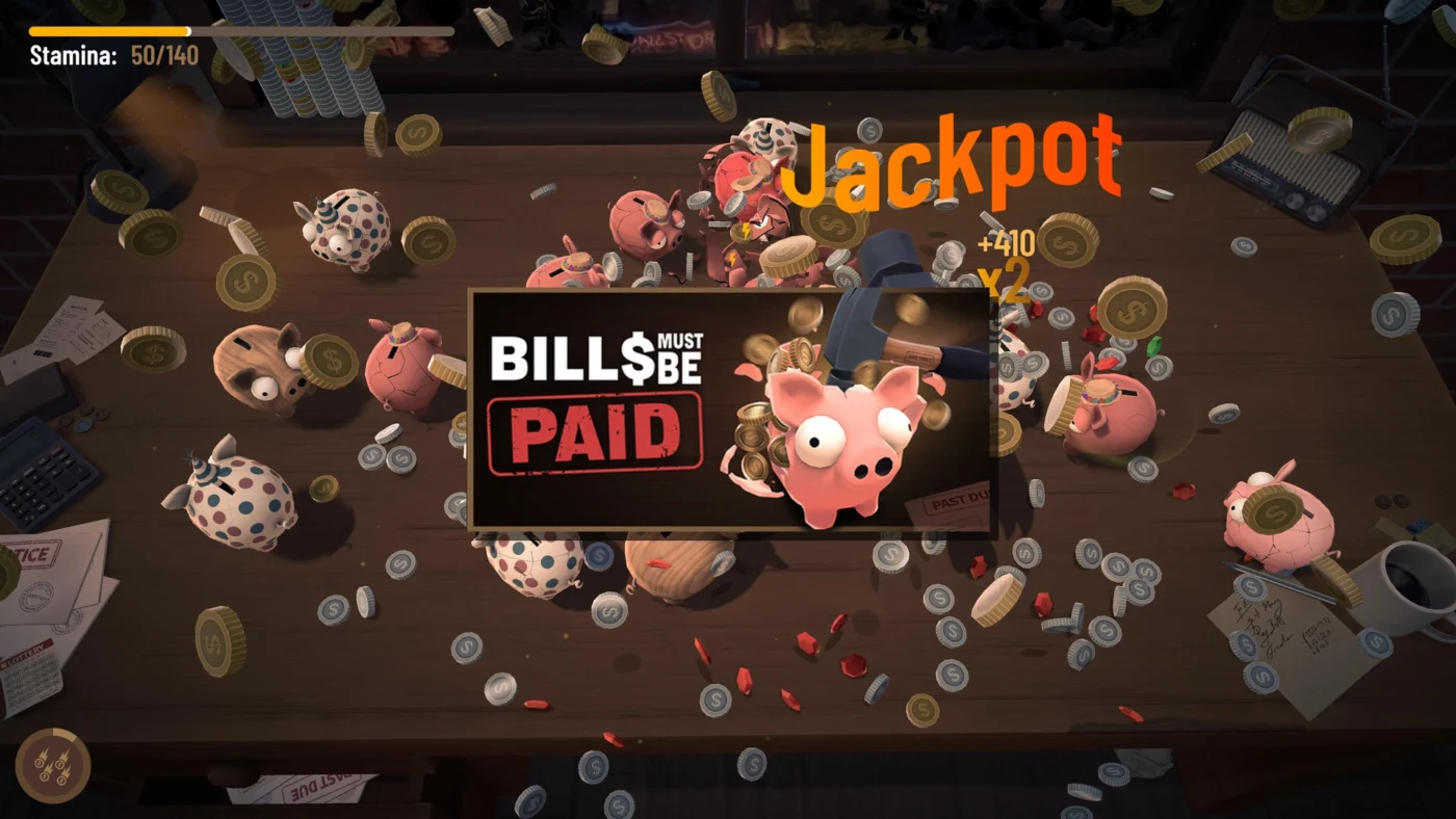 Capture d'écran de Bills Must Be Paid montrant un marteau brisant des tirelires avec un bonus jackpot