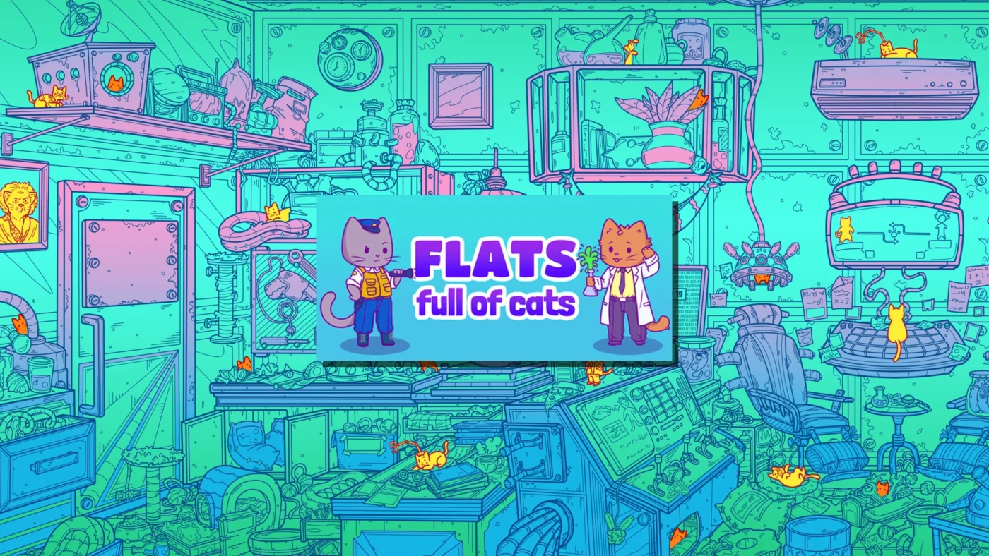 Illustration colorée de Flats Full of Cats montrant un décor d’appartement rempli de chats cachés dans un jeu d’objets cachés cosy.