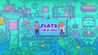 Illustration colorée de Flats Full of Cats montrant un décor d’appartement rempli de chats cachés dans un jeu d’objets cachés cosy.