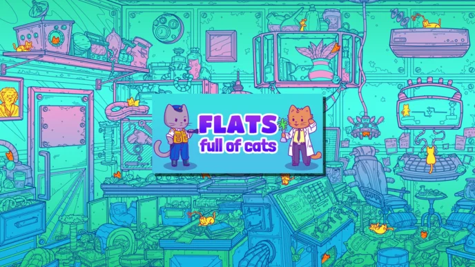 Illustration colorée de Flats Full of Cats montrant un décor d’appartement rempli de chats cachés dans un jeu d’objets cachés cosy.