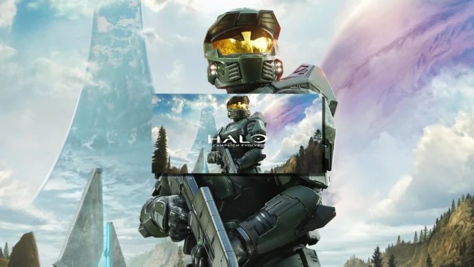 Illustration de Halo Campaign Evolved montrant le Major armé devant l’anneau Halo et un paysage montagneux, artwork officiel du remake Unreal Engine 5.