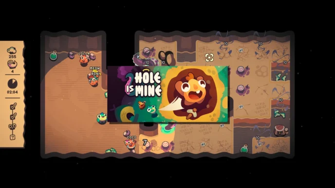 Capture d’écran de Hole Is Mine montrant le gameplay d’exploration du trou divin, les Mini’Ohs en train de miner et l’interface incrémentale du jeu sur Steam.